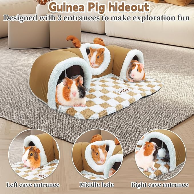 PINVNBY 3 Pcs Guinea Pig Hideout and Tunnel Bed, Removable Soft Bunny Tunnel Tube with Guinea Pig Liner Small Animal Tunnel Toy for Ferrets Hamster Hedgehog Kitty Chinchilla（Gray）
