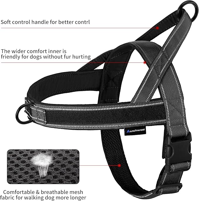 Annchwool No Pull Dog Harness with Soft Padded Handle,Reflective Strip Escape Proof and Quick Fit to Adjust Dog Harness,Easy for Training Walking for Small & Medium and Large Dogs(Black,S)