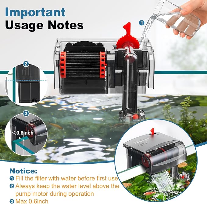 Fish Tank Filter Hang On Back Aquarium Filter for 10-25 Gal 93GPH 5W | with Surface Skimmer, Small Quiet 3-Stage Filtration System, Adjustable Flow Expandable Hose for Circulation and Aeration