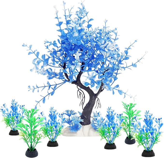 Aquarium Fish Tank Decorations, Blue Plastic Tree with 6 Pack Small Artificial Aquarium Plants Set for Betta Fish Tank Decor