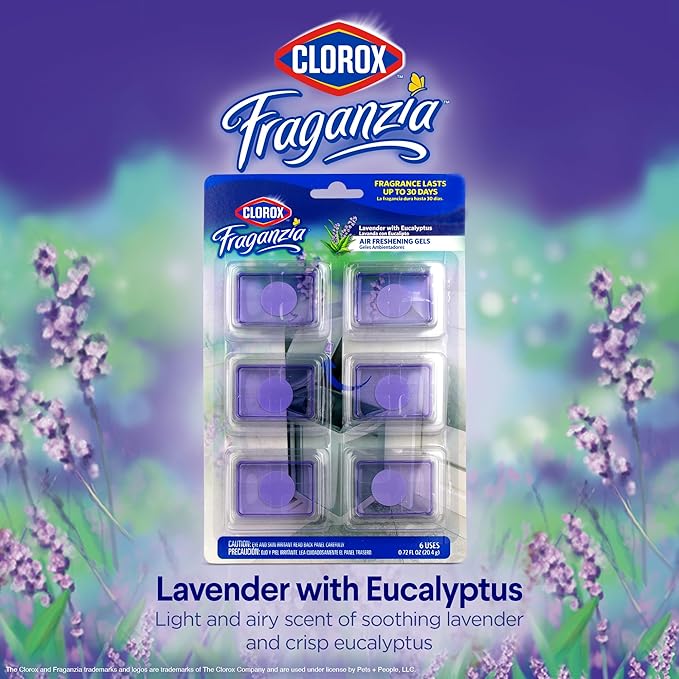 Clorox Fraganzia Stick-On Gel Fresheners, Lavender with Eucalyptus Trash Can Deodorizer Up to 30 Days Scent, Odor Absorber for Kitchen, Bathroom, Closet, No Plug or Batteries, 0.12 Fl Oz, 6 Count