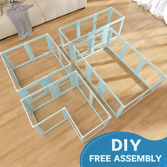 DIY Clear Acrylic Dog Playpen Indoor, Transparent Easy Cleansing Puppy Fence with Suction Cup, Easy-Assemble Indoor Whelping Crate for Small Puppies (23.6" H, 10PCS), Blue