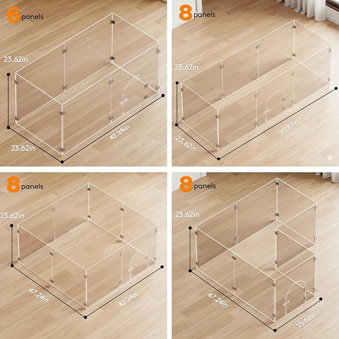 Clear Acrylic Pet Playpen with Door, 8 Panels 23.6 Inches High, Indoor Pet Fence & Crate for Puppies Small Dogs and Cats, with Metal Connectors, Easy to Assemble, Free Combination of Multiple Styles
