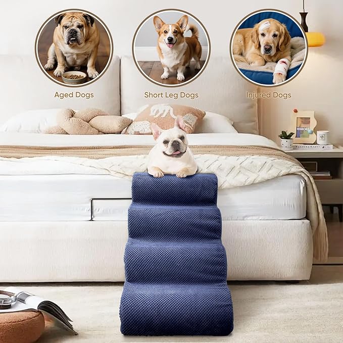 PAWSCRAT Pet Stairs for Dogs 3-Step, 15.7" H Pet Stairs for High Bed, Couch Sofa & Chair, 30D Material Soft Foam Dog Steps with Non-Slip Bottom Surface Removable Washable Cover, Blue