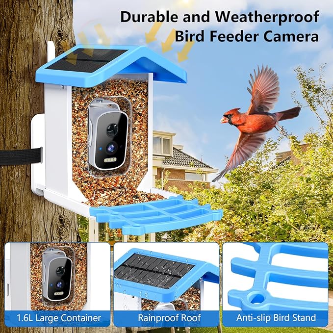 Smart Bird Feeder with Camera, AI Bird Species Identification Solar Powered Panel, 2.5k HD Video Bird House with Camera for Outside Garden, Ideal Gifts for Lover, Valentine's Day, Blue