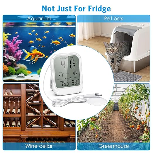 AMIR Digital Fridge Thermometer with Probe, LCD Display, Max/Min Records, Alarm, Digital Thermometer with External Sensor, Magnet, Suction Cup Freezer for Aquarium,Refrigerator,Freeze