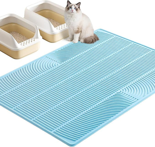 TRZZ XXL Extra Large Cat Litter Mat, Silicone Litter Box Mat for Floor, Waterproof & Non-Slip, Easy to Clean, Cat Litter Trapping Mat & Kitty Litter Catcher for Scatter Control (Blue)