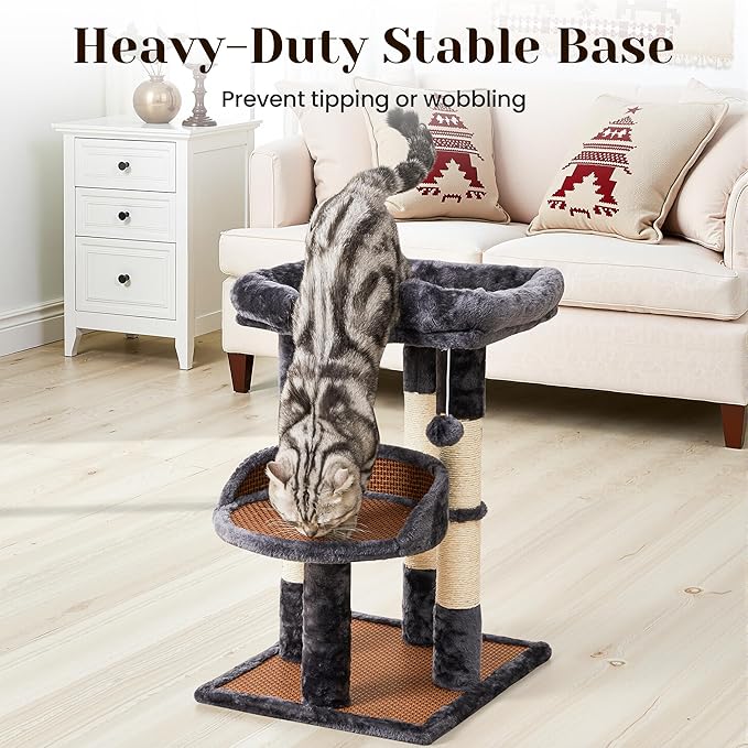 Multi-Level Cat Tree for Indoor Adult Cats, Modern Cat Tower with Double Beds & Scratching Posts, Cute Cat Tree Tower for Large Cats and Kitten, Small Cat Tree Tower with Hanging Toys, Grey