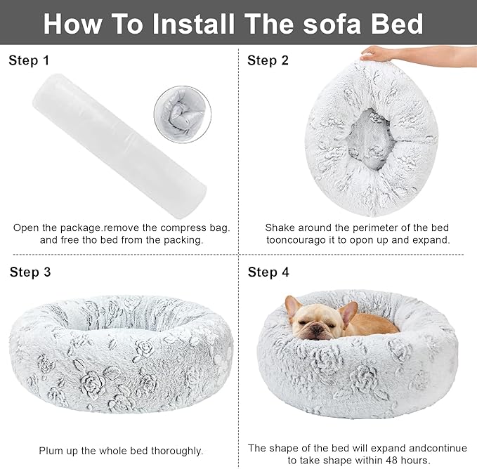 Dog Calming Beds for Small Medium Large Dogs - Round Donut Washable Puppy Dog Bed, Anti-Slip Faux Fur Fluffy Donut Cuddle Anxiety Cat Pet Bed (36" Rose)
