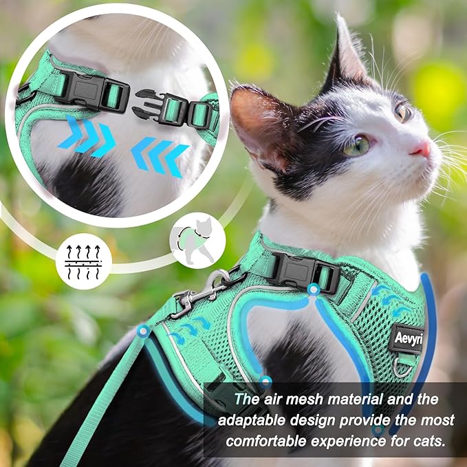 Cat Harness and Leash for Walking, The Upgrade Can be Adjusted in Four Directions and Breathable Cat Harness for Anti Escape that can be Fitted and Positioned, Reflective Strips Harness, Green, M
