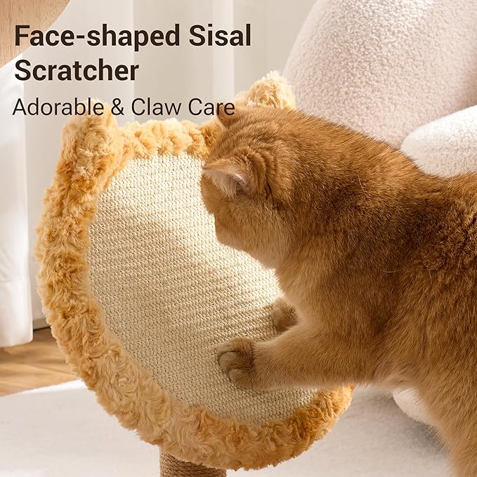Aesthetic Flower Cat Tree Tower with Scratching Post for Indoor Cats, 37" Modern Cat Tree with Wood Sculpted Branch, Flower Cat Beds, Scratching Board & Interactive Squeaky Toy, Sunset Brown