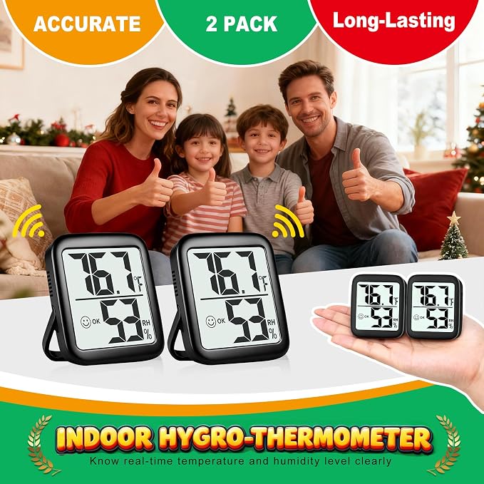2 Pack Room Thermometer Indoor Hygrometer | Monitor Temperature & Humidity, Accurate, Fast Read, Easy To View, Magnetic/Kickstand/Hanging, ℉/℃, w/ Battery, Compact