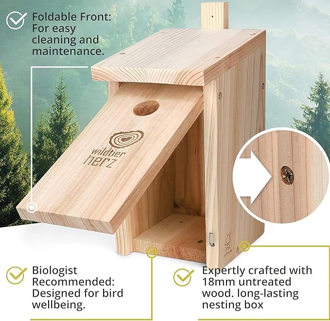 Wildlife Heart Birdhouse for Great Tits, 32mm, Solid Wood, Screwed | Weatherproof Nesting Boxes for Birds | Natural & Robust Titmouse Bird House