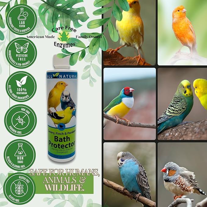 Care Free Enzymes Canary, Finch & Parakeet Bath Protector, 16 oz, Gentle Bird Bath Additive for Pet Birds, Helps Keep Bath Water Clean, Supports Feather Care, Safe for Small Pet Birds