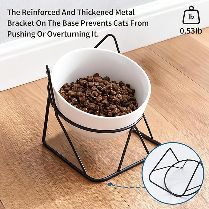 Elevated Cat Food Bowl,Ceramic Raised Water Bowl for Indoor Cats, 15°Tilted Metal Stand Anti Vomiting and Protect Spines,Whisker Fatigue Feeding Dishes,Non-slip and Dishwasher Safe