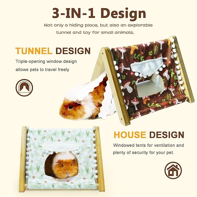 Guinea Pig Hideout, Sturdy Bamboo Small Animal House with Window, Rabbit Bunny Tunnel, Easy to Assemble for Hamsters Bunny Rat Chinchillas Playing Hiding, Guinea Pig Cage Accessories, Mushroom