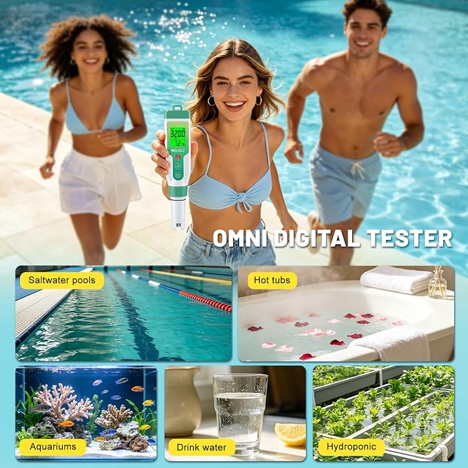Pool Salt Tester, Digital Pool Water Tester with Calibration Kit | 7-in-1: pH, Salinity, H2, ORP, EC, TDS, Temp. High Precision with ATC. For Saltwater Pool, Hot Tub Spa, Aquarium, Hydroponic