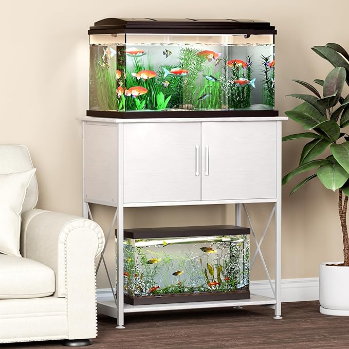 Herture 20-29 Gallon Aquarium Stand Metal Frame Fish Tank Stand with Cabinet Storage, for 20 Gallon Long Aquarium,30.7" L*16.5" W Tabletop,330LBS Capacity White PG01YGW