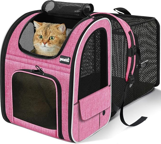 Pecute Cat Backpack Carrier Expandable, Pet Backpack for Cats & Small Dogs Up to 11lbs, with 4-Side Breathable Mesh, Multi-Entry & Lockable Zippers for Travel, Hiking, Camping - Hands Free, Pink
