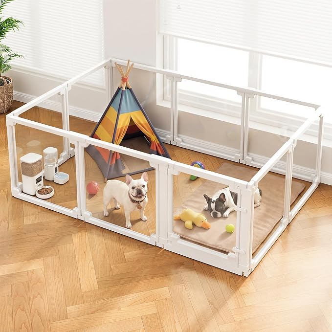 Clear Acrylic Dog Playpen Indoor,Tool-Free Assembly & Easy Clean,24 in Puppy Playpen with Door for Small Dogs/Cats/Rabbits/Pigs/Ferret,Indoor and Outdoor Use,10 Panels(White)