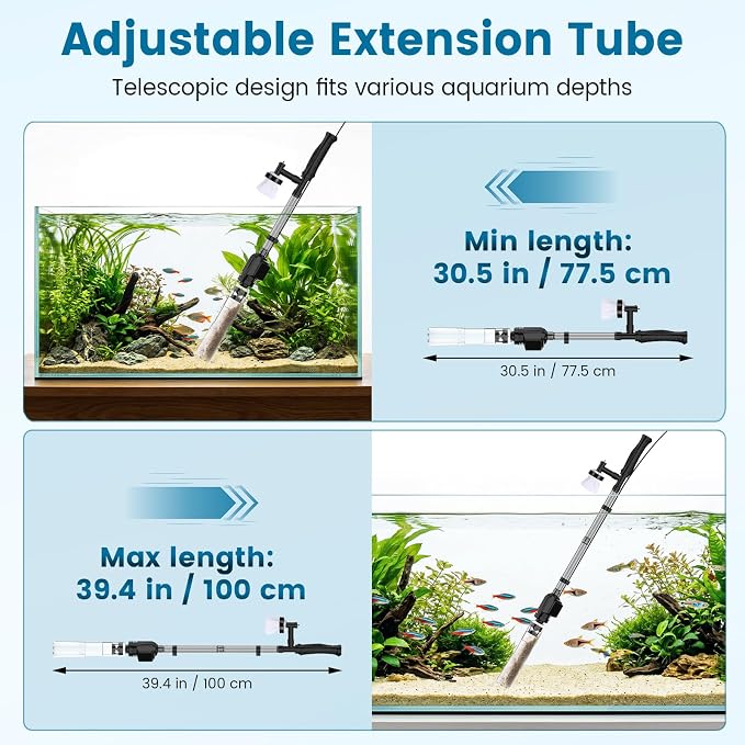 AQQA Aquarium Gravel Cleaner, 6-in-1 Electric Fish Tanks Gravel Vacuum | Anti-Clog Gravel Barrier, Sand Washer, Water Changer, Filter Bag, Adjustable Flow, 211GPH for 15+ Gallon Tanks