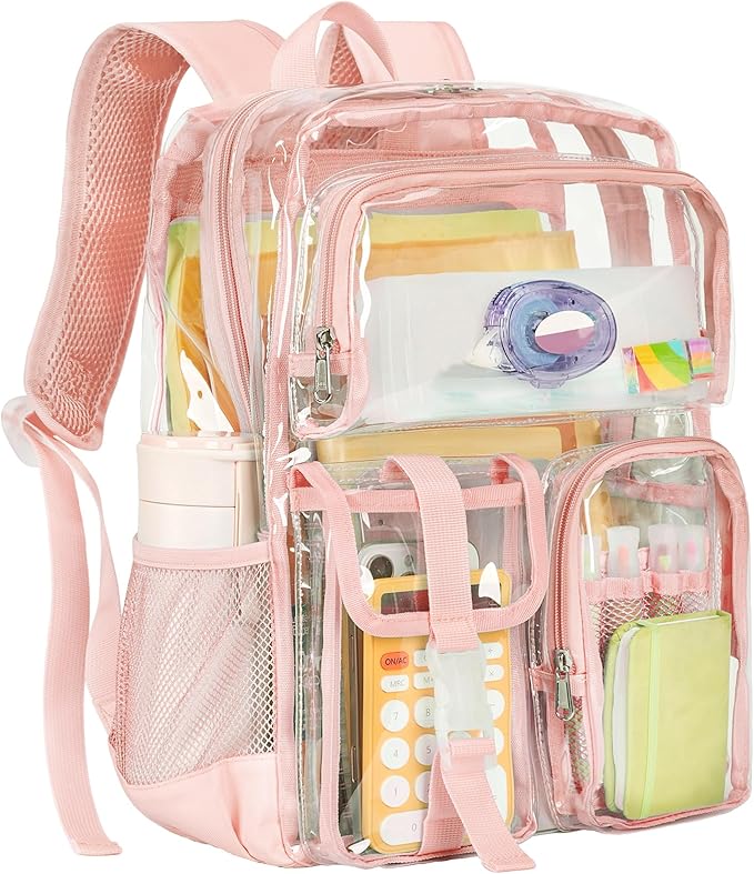 Vorspack Clear Backpack - Heavy Duty Transparent Bookbag for Adults Large See Through backpacks for Work, College, Travel - Light Pink