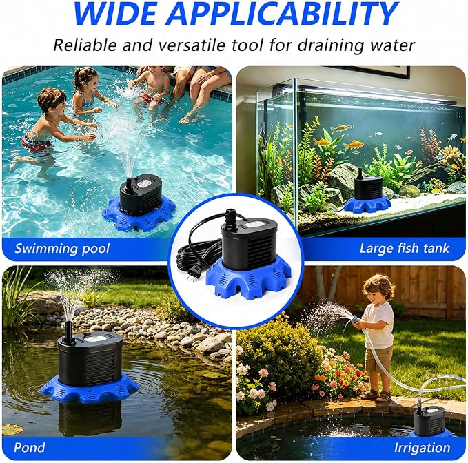Pool Cover Pump Above Ground, 850 GPH Submersible Sump Pump for Pool Drain | 16FT Drain Hose, 25FT Power Cord, 3 Adapters, Safety and Sturdy, Powerful Water Removal for Pool Cover and Above Ground Pool