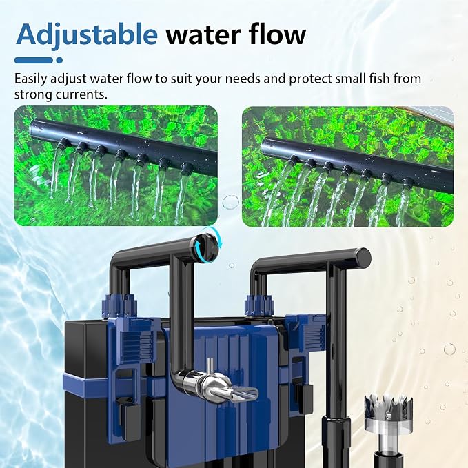 Three seconds Quiet Hang on Back Aquarium Filter 10-45 Gallon | 7W Fish Tank Filter, Oil Skimmer,4-Stage Filtration,Adjustable Flow,Duckbill/Bell-Mouth/Rain Pipe Outlet,132GPH