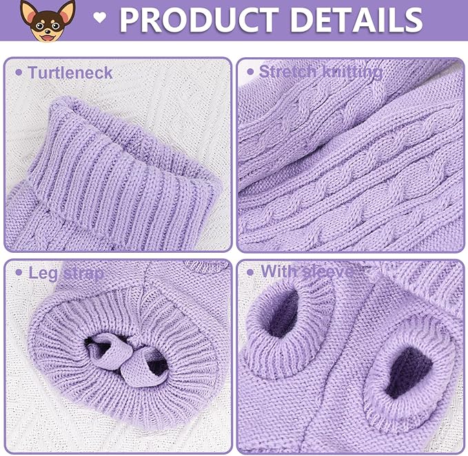 2 Pack Dog Sweaters for Small Dogs, Chihuahua Yorkie Sweater, Puppy Clothes Winter Warm Pullover Clothing, Pet Cat Cold Weather Puppy Cold Outfits (Beige+Purple X-Small)