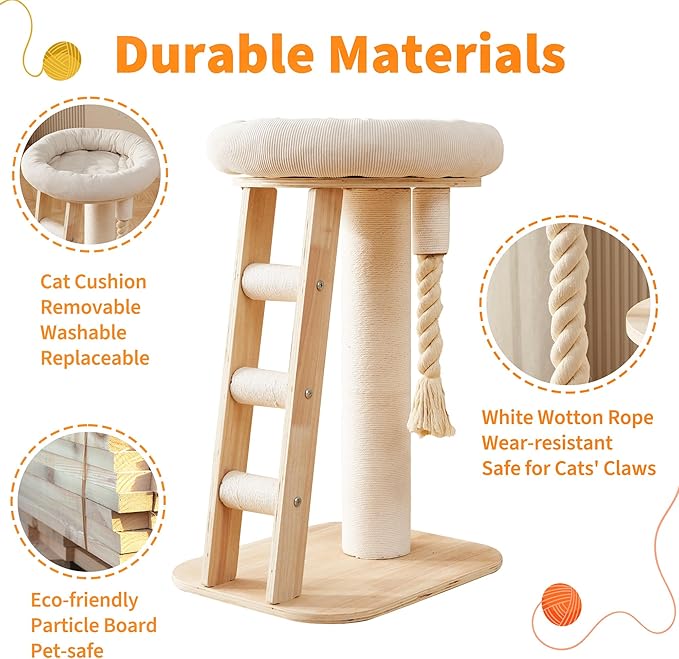 Modern Cat Tree Small Tower with Scratching Post for Indoor, Solid Wood Multifunctional Corner Cat Tree Tower with Bed