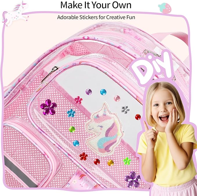 Clear Backpack for Girls - 15 Inch Heavy Duty Transparent Kids Backpacks for School, PVC Bookbag with 3 Front Pockets for Kids Aged 3 to 8, Pink Unicorn