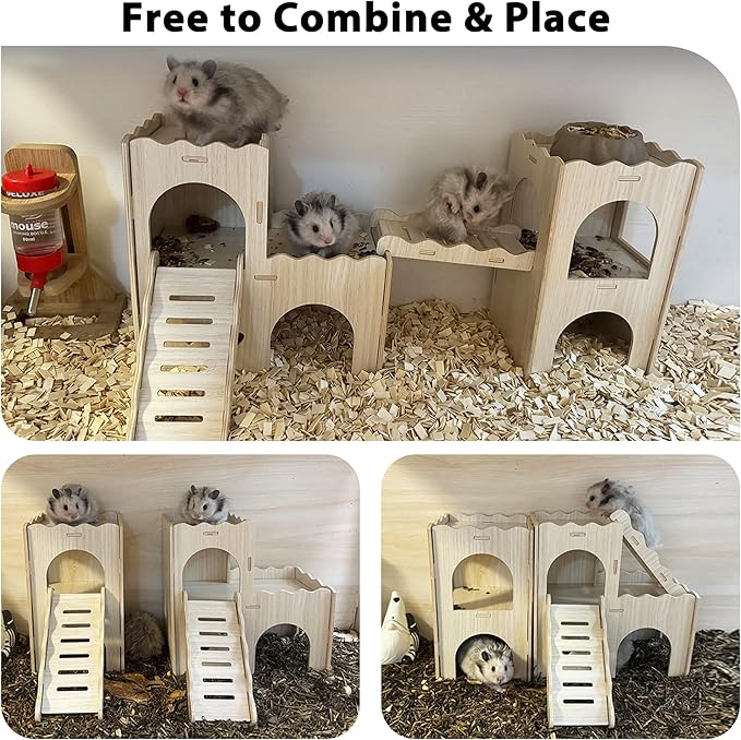 Large Hamster Hideout, Wooden Hamster Houses and Hideouts, Double-Decker Hamster Hut Castle, Dwarf Gerbils Habitat House with Climbing Ladder, Multi Chamber Syrian Hamsters Hides
