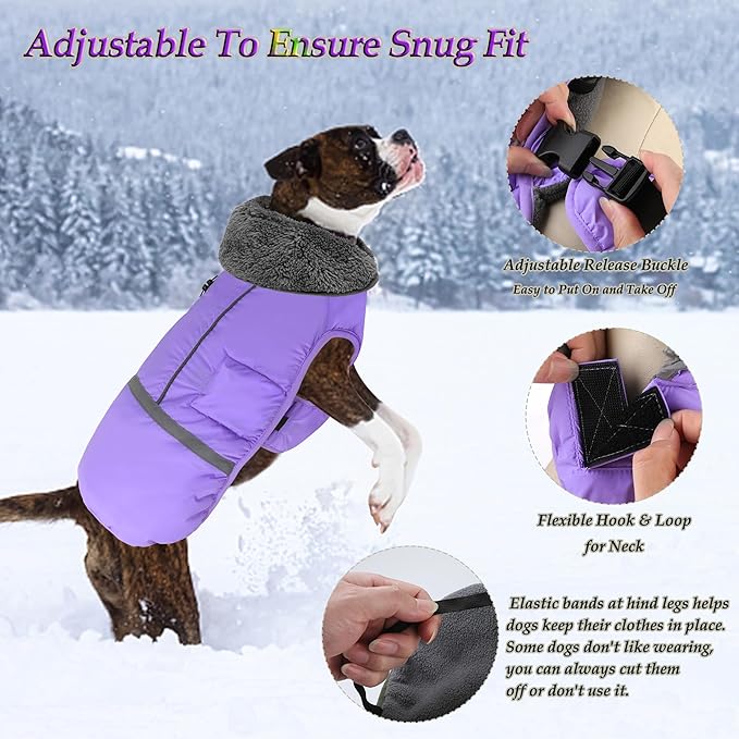 Dogcheer Warm Dog Coat, Waterproof Dog Jacket Christmas Puppy Winter Coat with Buckle, Reflective Adjustable Pet Snow Jacket Fleece Sweater for Small Medium Large Dogs - Taro Purple 3XL