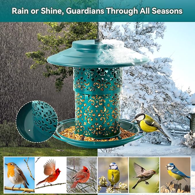 Metal Bird Feeders for Outdoors Hanging, Weather Resistant Wild Bird Feeder with 360 Degree Feeding Tray (Green)
