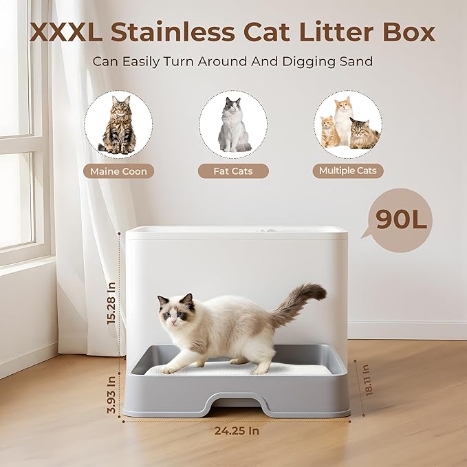 XXXL Stainless Steel Litter Box with Lid, Front Entry Top Exit, Extra Large Metal Cat Litter Box with Drawer, Maine Coon Cats, with Litter Scoop & Litter Mat, Anti-Odor, Anti-Leakage & Non-Stick