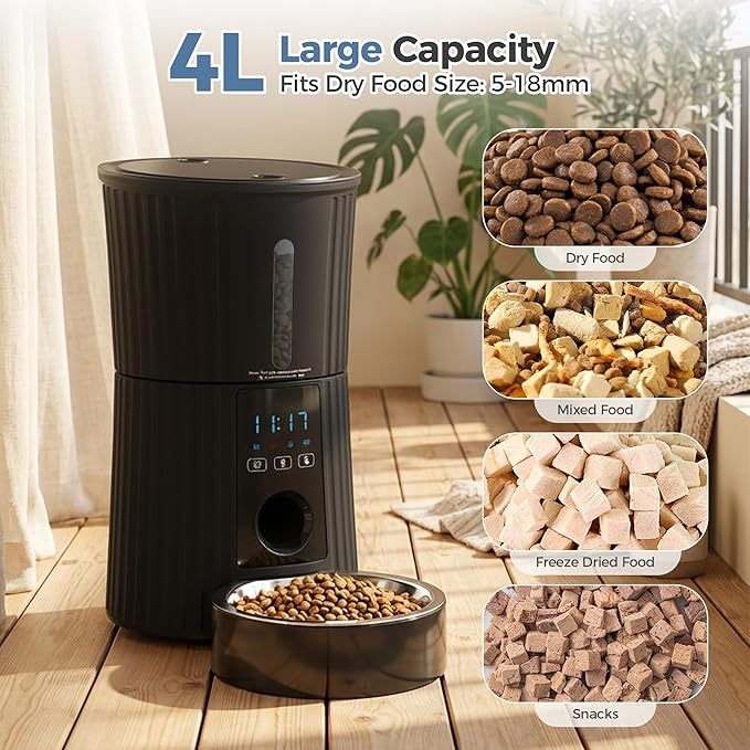 DUMOS Automatic Cat Feeder, 4L WiFi Timed Cat Food Dispenser with APP Control, 10s Voice Recorder, Dual Power Supply, Indoor Programmable Pet Feeder with Desiccant for Small Cats and Dogs, Black