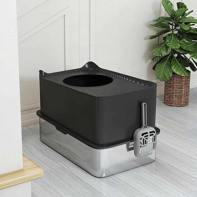 PawHut XL Stainless Steel Litter Box, Extra Large Enclosed Cat Litter Pan with High Wall Sides, Scoop, Top Entrance, Non-Slip Pads, Anti-Urine Leakage, Non-Sticky, Black