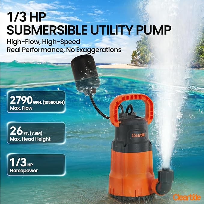 Cleartide Submersible Water Sump Pump with Float Switch, 1/3 HP 2790 GPH High Flow, 100% Copper Motor, Ideal for Pool, Ideal for Yard and Flooded Cellar, Hot Tub, Garden Irrigation,10 FT Cord