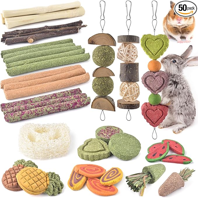 KATUMO Rabbit Chew Toys with 3 Types of Strung Hanging Toys, Natural Bunny Teeth Care Chew Kit Apple Wood Sweet Bamboo Grass Timothy Sticks for Guinea Pig, Hamster, Chinchilla, Small Animals