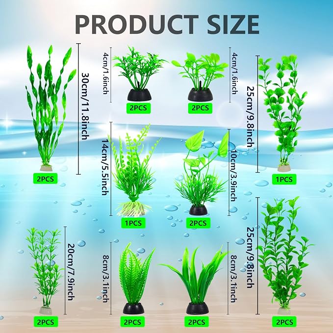 Artificial Aquarium Plants Set, Plastic Fish Tank Decorations, Fish Tank Decor for Betta Goldfish (18pcs-Green)