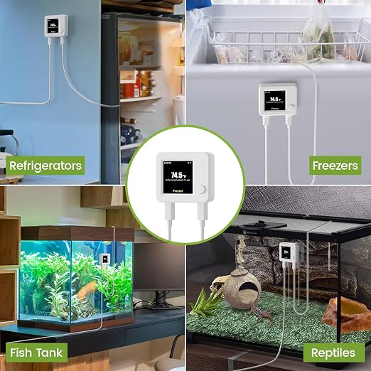 2 Pack WiFi Freezer Alarm Refrigerator Thermometer, App Alerts | Two-sensor freezer/fridge alarm for two rooms or two homes, alerts on power outage or WiFi loss, +/-0.9F at -40F, no hub