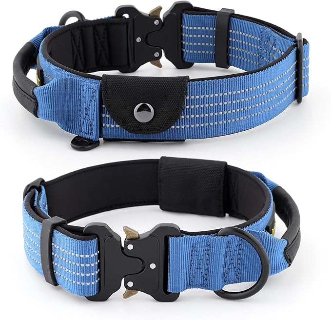 Plutus Pet Tactical Dog Collar with Tracker Pocket for AirTag, Adjustable Reflective Nylon Collar, Metal Buckle, Leather-Wrapped Handle, Soft Padded for Medium Large Dogs (Blue, L)
