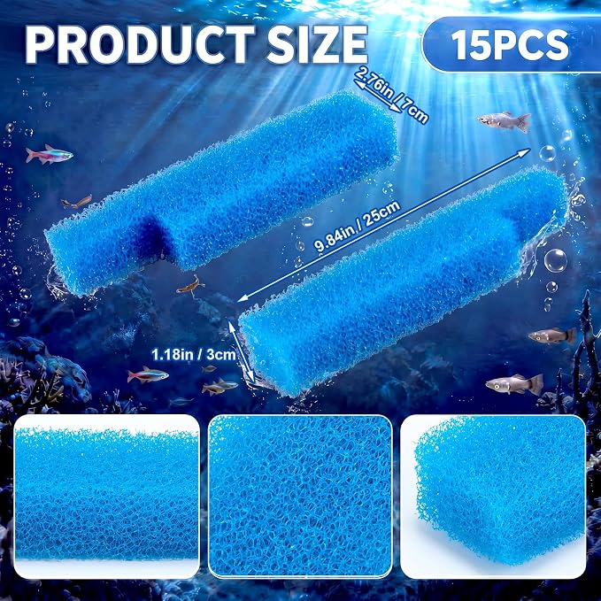 Threlaco 15 Pcs Aquarium Sponge Foam Filter Pads Compatible with Seachem Tidal Replacement Polishing Pad Fish Tank Filter Floss, Media for Crystal Clear Water(Compatible with Seachem Tidal 110,Blue)