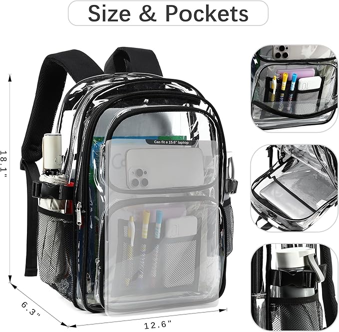 abshoo Large Heavy Duty Clear Backpack For School Bookbag Transparent Multi Pocket Backpacks (Black)