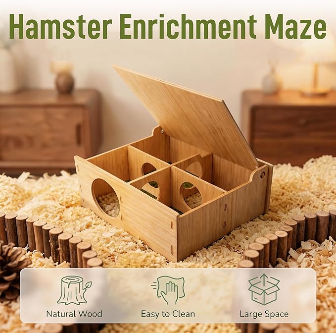 Hamster Tunnel Hideout Wooden House with Flip Cover, Small Pet Hamster Hideout Play Tunnel for Hamsters Mice Gerbils, Natural Wood Hamster House for Cage Explore Hide Rest