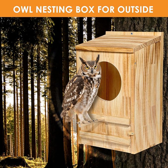 ONKO Large Great Horned Owl House,23''x 14''x 10''Owl Nesting Box for Outside,Wooden Nest House Circular Opening Bird Houses, Suitable for Wildlife Barn,Eastern Screech,Great Horned,Assembly Required