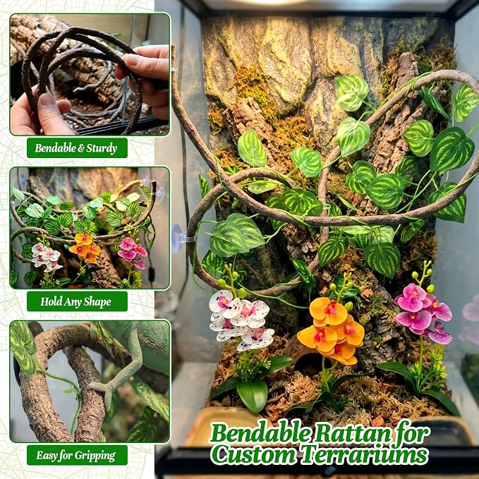 5 Pcs Reptile Plants & Habitat Decor Kit - 3 Artificial Phalaenopsis Orchid & Large 5ft Jungle Vine Branch, Terrarium Tank Decor & Climbing Accessories for Crested Gecko, Bearded Dragon