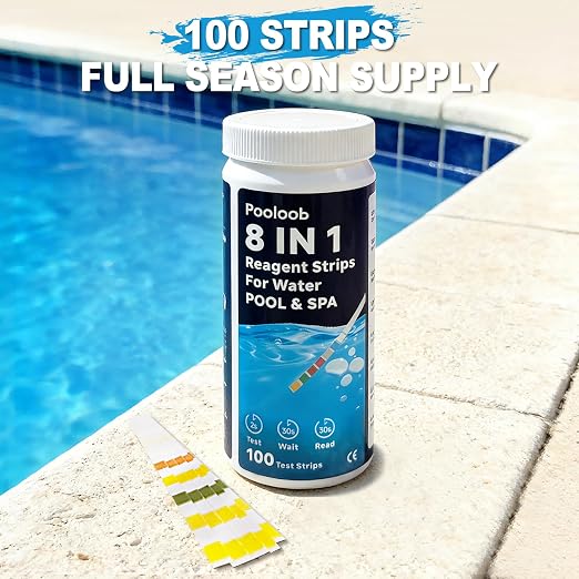 Pooloob 8-in-1 Pool and Spa Test Strips, 100 Count Water Testing Kit for Saltwater & Chlorine Pools - Tests pH, Salt, Free Chlorine, Bromine, Alkalinity, Hardness, Cyanuric Acid & Total Chlorine