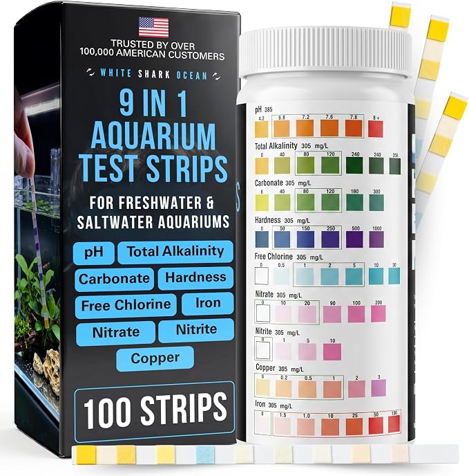 9-In-1 Aquarium Test Strips – 100 Strips for Freshwater & Saltwater | Tests pH, Nitrate, Nitrite, Hardness, Chlorine, Copper, Iron, Carbonate & Alkalinity | Fast Results for Fish Tank & Reef Aquariums