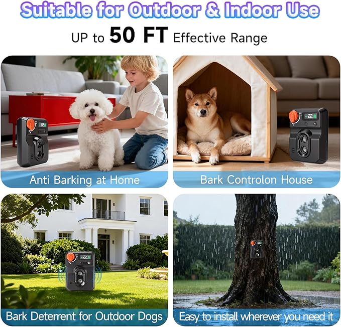 Anti Barking Device for Dogs, Ultrasonic Dog Bark Deterrent Devices, stop barking dog devices- 50Ft Range, 4 modes to suit all types of dogs, Activates Only for Real Barks, Safe Indoor/Outdoor Use